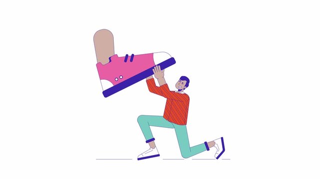 Oppressed man resists social pressure line 2D animation. Indian guy fighting big foot crushing 4K video motion graphic. Confrontation linear animated cartoon flat concept, white background
