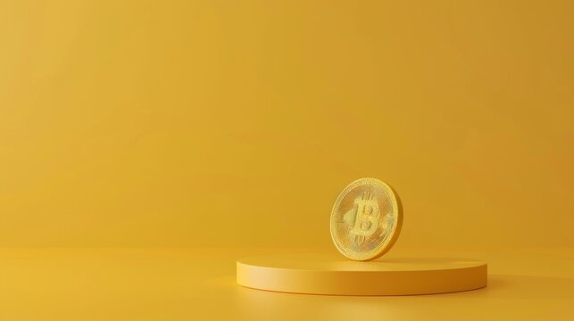 3d rendering of minimal scene of blank podium with cryptocurrency bitcoin theme. Display stand for product presentation mock up. Cylinder stage in cryptocurrency bitcoin color with simple design