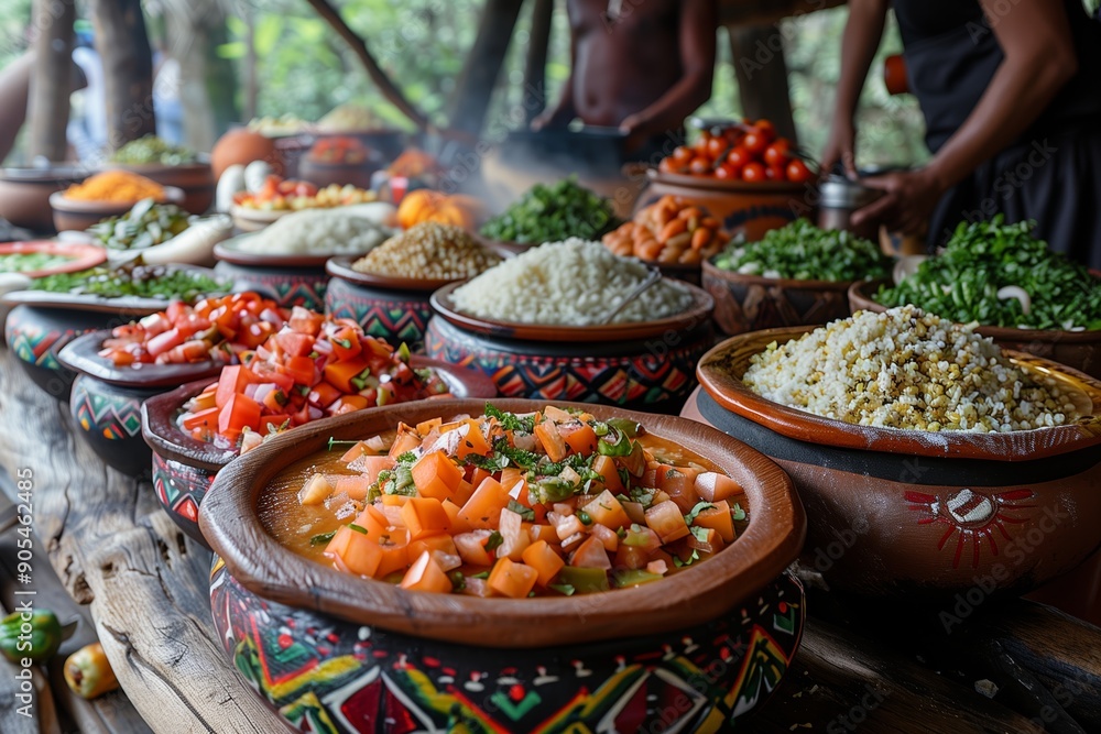 Poster colorful array of freshly prepared ingredients displayed on wooden table in forest setting