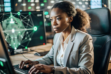 artificial intelligence cyber security risks illustration concept AI banner. Black african american female IT specialist analysing data information technology threats AR green code
