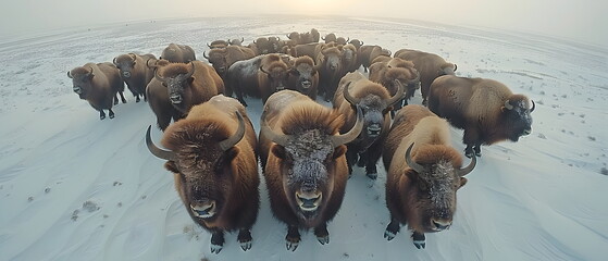  Musk oxen are mammal wild animal in Arctic or iceland, furry oxen, which ungulates that live in the Arctic in groups of families or species societies