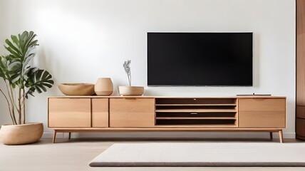 White walls, a minimalist decor, and a wooden TV cabinet in the living room
