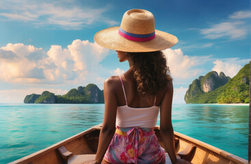 A girl in a boat against the backdrop of paradise islands, enjoying the nature and beauty of a tropical paradise. Ideal for travel