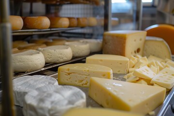 A dairy farm scene with various types of cheese.