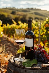Bottle of red wine and a glass of red wine with vineyard background.