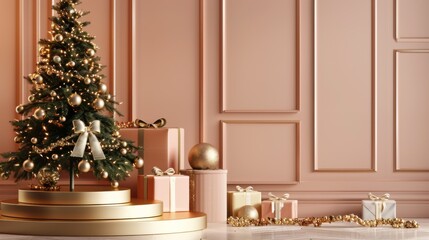 3d rendering scene of Christmas holiday concept decorate with tree and displays podium or pedestal for mock up and products presentation