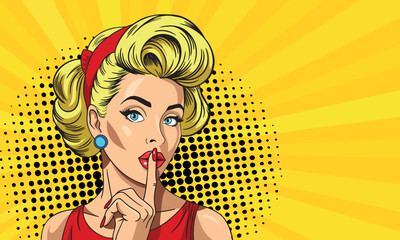 
Sexually surprised woman with finger near mouth, blond curly hair. Vector bright background in retro comic pop art style