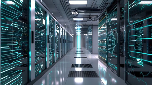 Corridor in a state-of-the-art data center, filled with advanced servers and digital visualizations of data flow and internet connections.