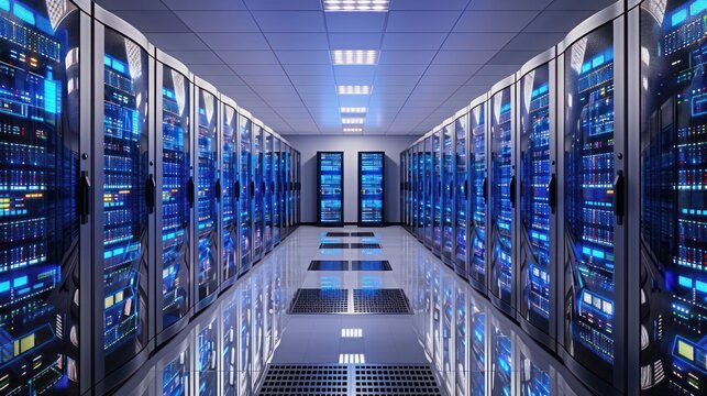 Data center interior featuring sleek server racks and state-of-the-art telecommunication hardware, all in perfect order. - Powered by Adobe