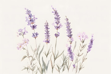 Fototapeta premium Watercolor lavender blossom border flowers, white background