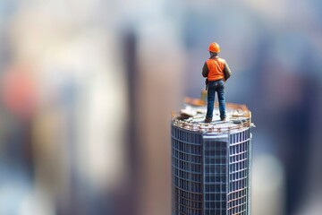 Miniature Construction Worker Standing on Top of a Building Model