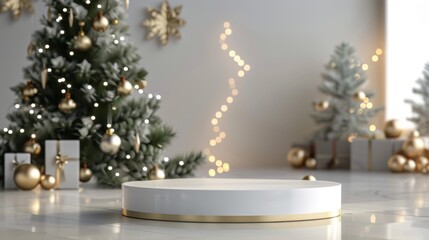 3d rendering scene of Christmas holiday concept decorate with tree and displays podium or pedestal for mock up and products presentation