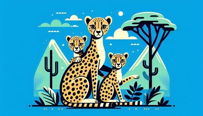 Three cheetahs with mountains and trees.The whimsical illustration is vibrant and decorative perfect for creative projects 