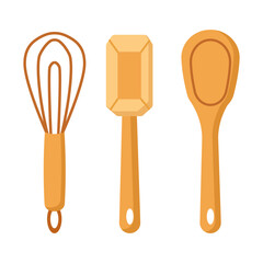 baking tools set, baker utensils, whisk, spatula, spoon, cooking items, bakery, home baking, kitchen supplies, vector illustration