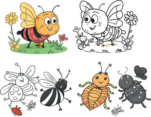 Drawing insects with cartoon characters. Kids can color cute bugs, worms, caterpillars, flies, beetles, and other insects.