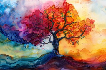 An abstract and vibrant representation of a colorful tree captured in autumn hues, evoking a deep serene atmosphere