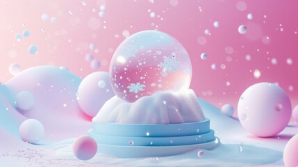 3d abstract minimal geometric forms. Glossy luxury snow globe for your design. Pastel color scene for show product. Fashion show stage, shopfront. Globe ball with snowing for Christmas decoration