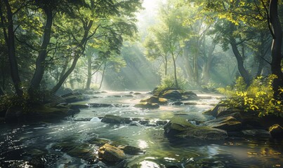 Tranquil river flowing through a dense forest, natural beauty