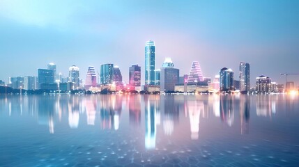 Obraz premium Stunning panoramic view of the New York City skyline at sunrise, featuring the iconic Freedom Tower.