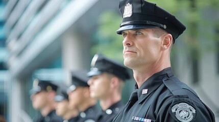 Obraz premium A soldier in uniform stands in a line with other soldiers, looking serious and focused.