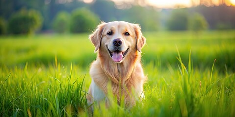 Adorable golden retriever playing in lush green grass fields, dog, pet, animal, cute, playful, joyful, happy, canine