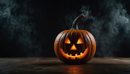  A halloween horror scary pumpkin with light glowing and smoke wallpaper background banner. Copyspace or blank space for edit