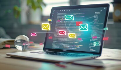 Fototapeta premium A laptop on the desk with an open advertising campaign for email marketing, showing icons of new messages Generative AI