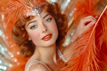 Glamorous woman in vintage showgirl costume with orange feathers.