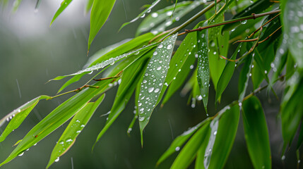 Fototapeta premium A green leaf with water droplets on it. The leaf is surrounded by a blurry background. Concept of tranquility and calmness, as the water droplets on the leaf create a serene atmosphere