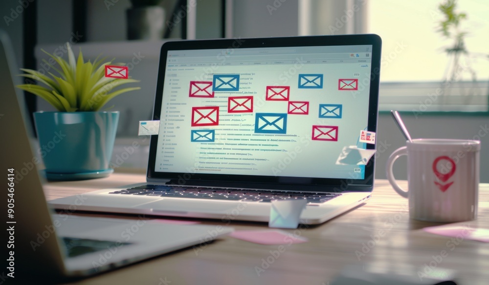 Poster a laptop on the desk with email icons and numbers showing in an open window, indicating a mailing li