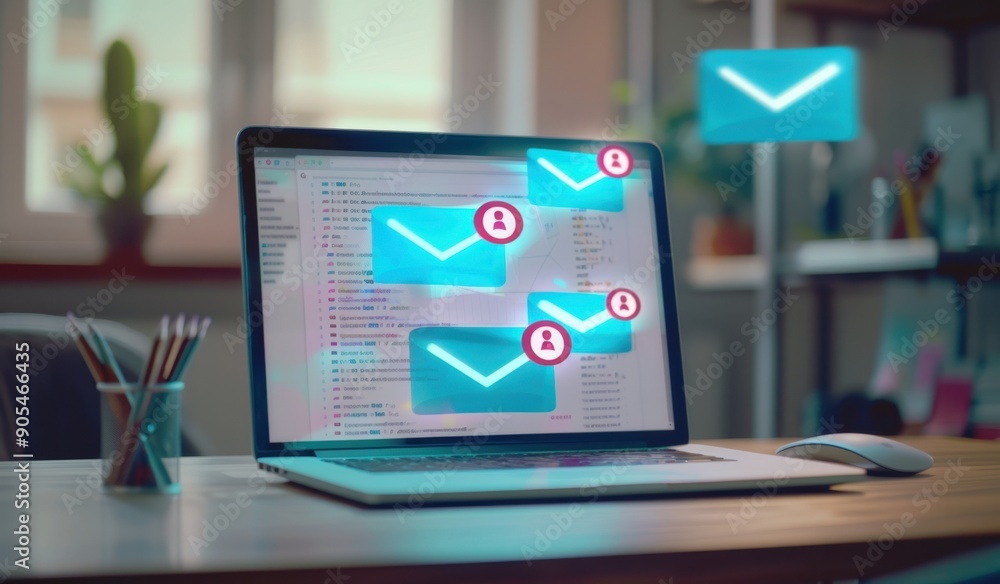 Poster a laptop on the desk with an open email application showing multiple messages, with icons for new me