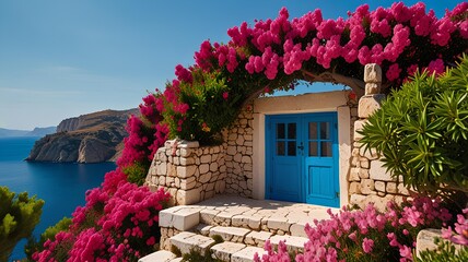 Iconic landscape of mediterranean greek island with blue sky and pink flowers.