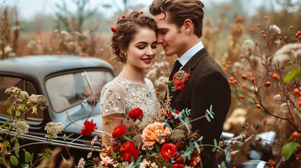 Romantic wedding portrait of a bride and groom with golden sunset light.