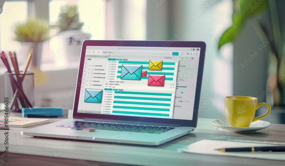 Poster a laptop on the desk with an open multiprintsochromic screen displaying highly detailed and realisti