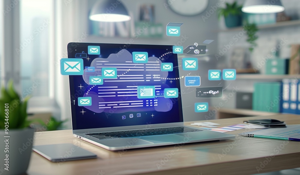 Poster a laptop on the desk with an open multiprintsochromic screen displaying highly detailed and realisti