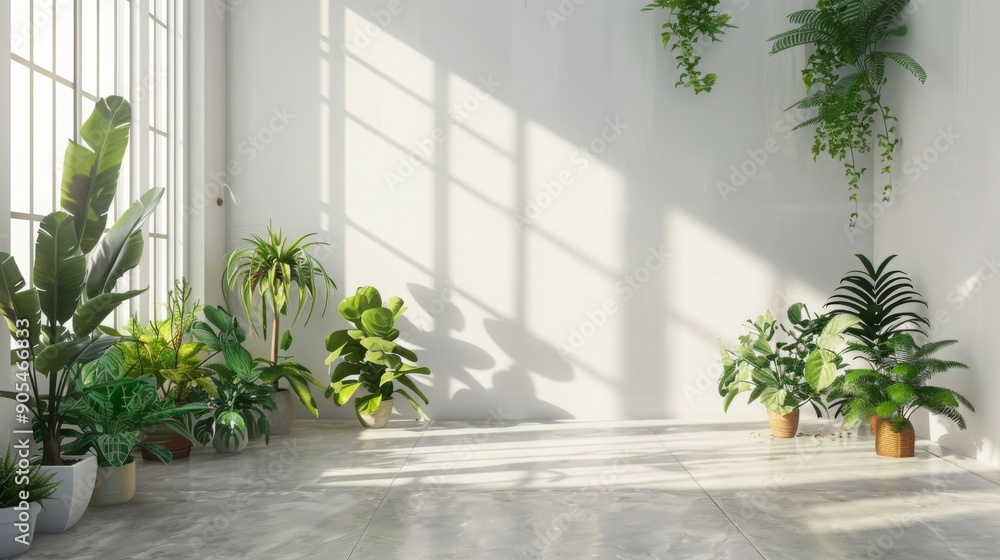 Poster a spacious indoor area filled with an assortment of potted plants, illuminated by sunlight streaming