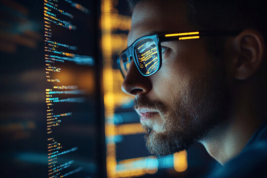 Photograph of a Software Tester Analyzing Code: A QA tester evaluating software performance.
