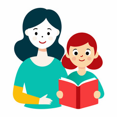 cute girl read books with mom vector illustration