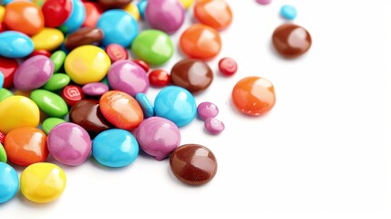 Obraz premium Smarties in corner, rounded colorful candies isolated on white background