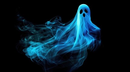 Blue smoke ghost with simple black eyes and mouth on black background. concept of Halloween, supernatural, and spooky spectral figures