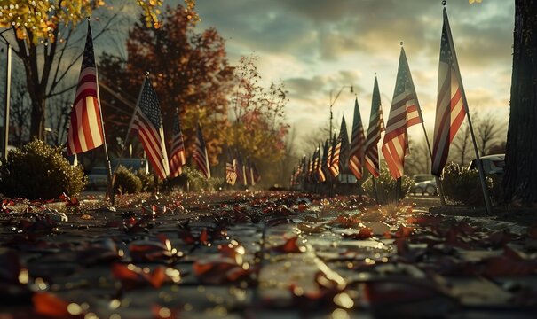 Veterans Day tribute with flags and solemn ceremonies on November 11th