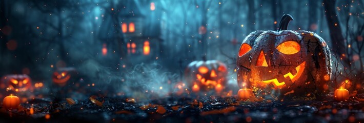 Naklejka premium Eerie Halloween Night Forest with Glowing Jack-o'-Lanterns and Haunted House - 3D Rendered Spooky Seasonal Celebration Background.
