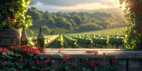 Vineyard with wine bottles for National Wine Day, August 5th, scenic location, gourmet setup, vineyard ambiance