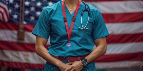 Dedicated Nurse in Scrubs Honoring the American Flag with a Proud Display of His ID Badge and Lanyard.