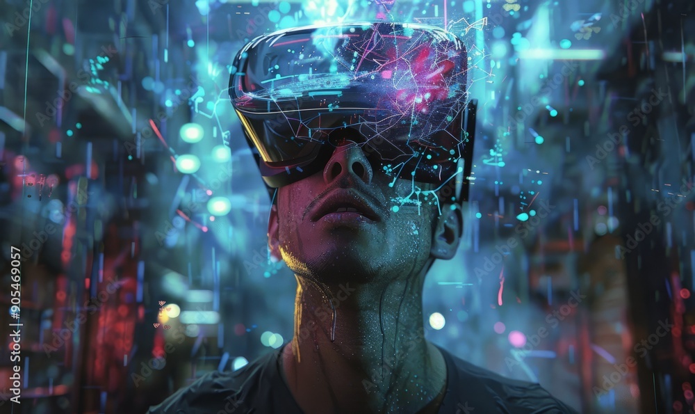 Poster virtual reality simulation where users experience life as an artificial intelligence entity, explori