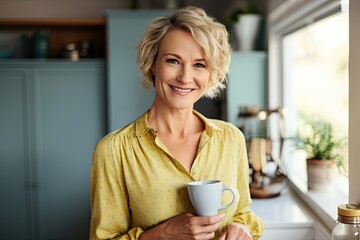 Cheerful mature blonde woman holding cup in cozy kitchen
