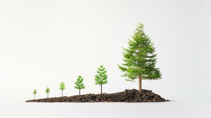 A sequence of growing pine trees, illustrating the life cycle of a plant, from seedling to mature tree.