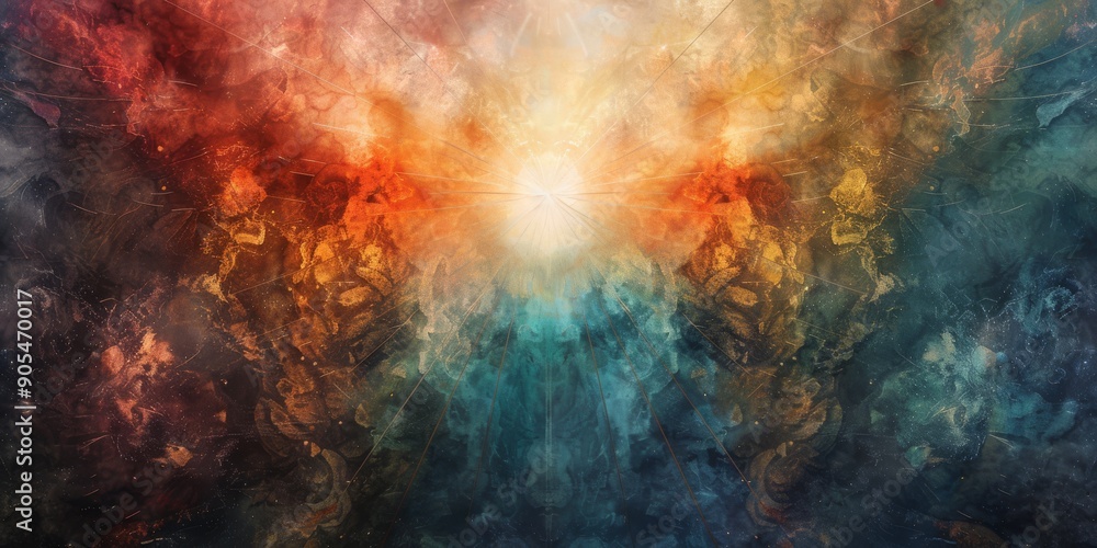 Poster vivid ethereal abstract art with symmetrical patterns, blending warm and cool tones in a dreamlike v
