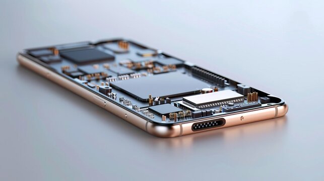 Closeup of a smartphone's disassembled motherboard, revealing intricate circuitry.