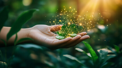 Hand Holding Digital Plant with Eco-Friendly Technology